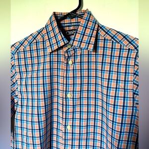 Chaps Stretch NEW Plaid Dress Shirt Light Coral Blue, Boys Size 8